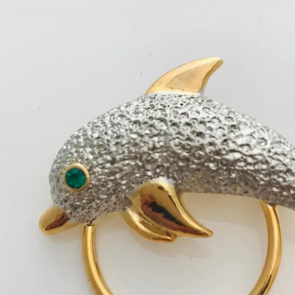 Vintage Dolphin Eyeglass Holder Brooch- Gold Tone - Silver Textured Dolphin Pin